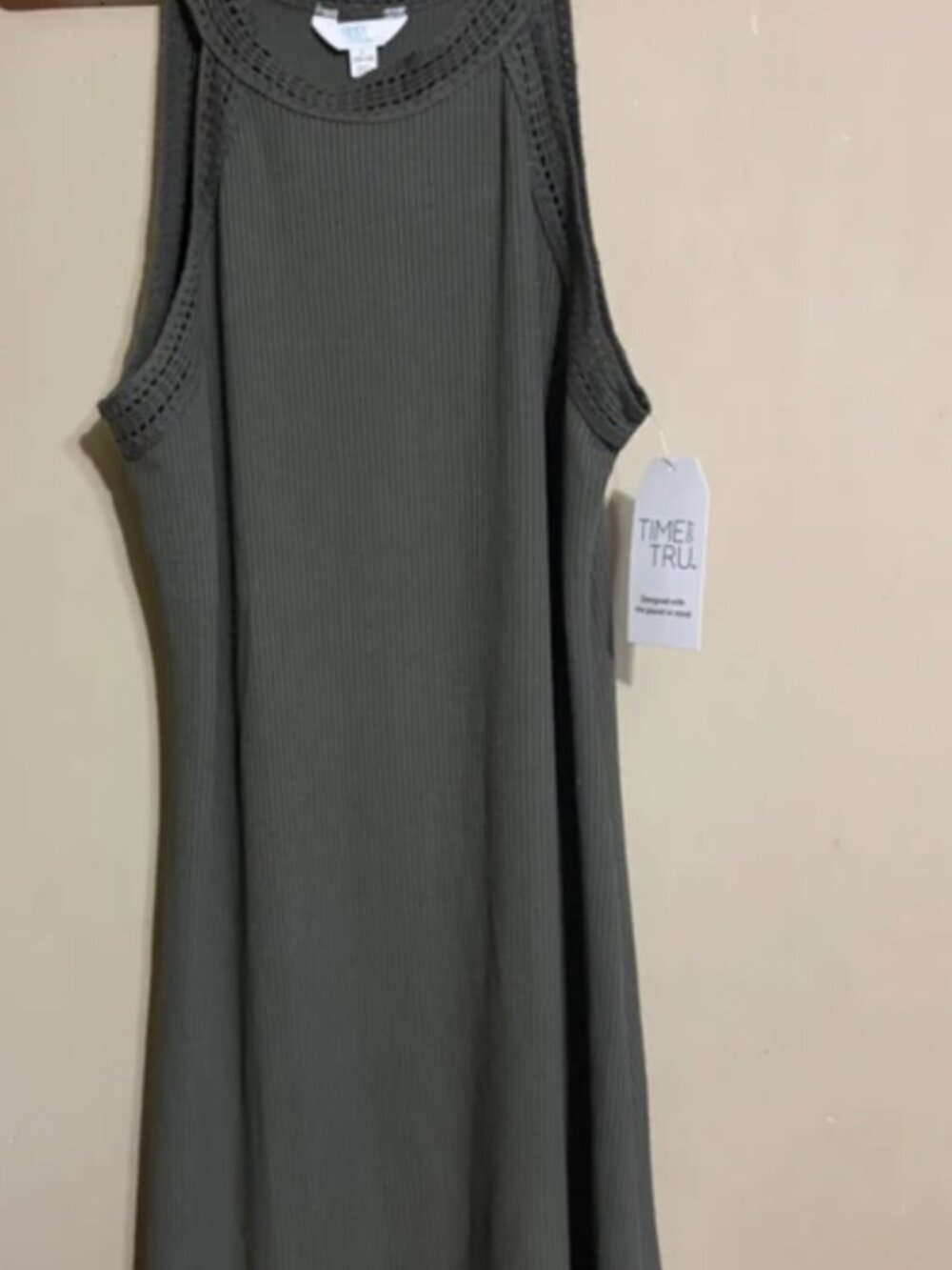 NWT Time and Tru Olive Green Ribbed Tank Dress Crochet Neckline Medium (8-10)
